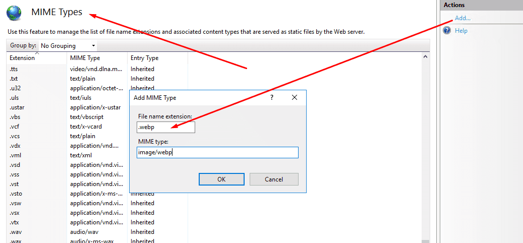 MIME type add media .webp and image/webp
